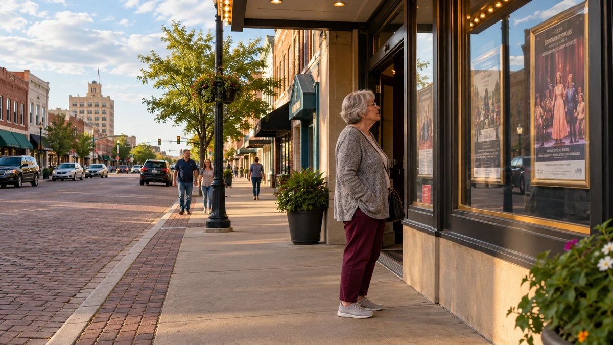 An older woman looks at a theatre window display along an Enid street