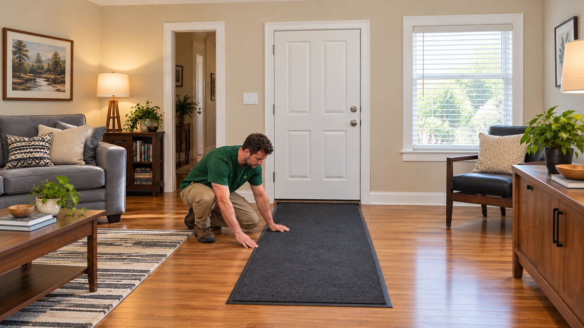 A mover smooths a charcoal floor runner inside a furnished Oklahoma home