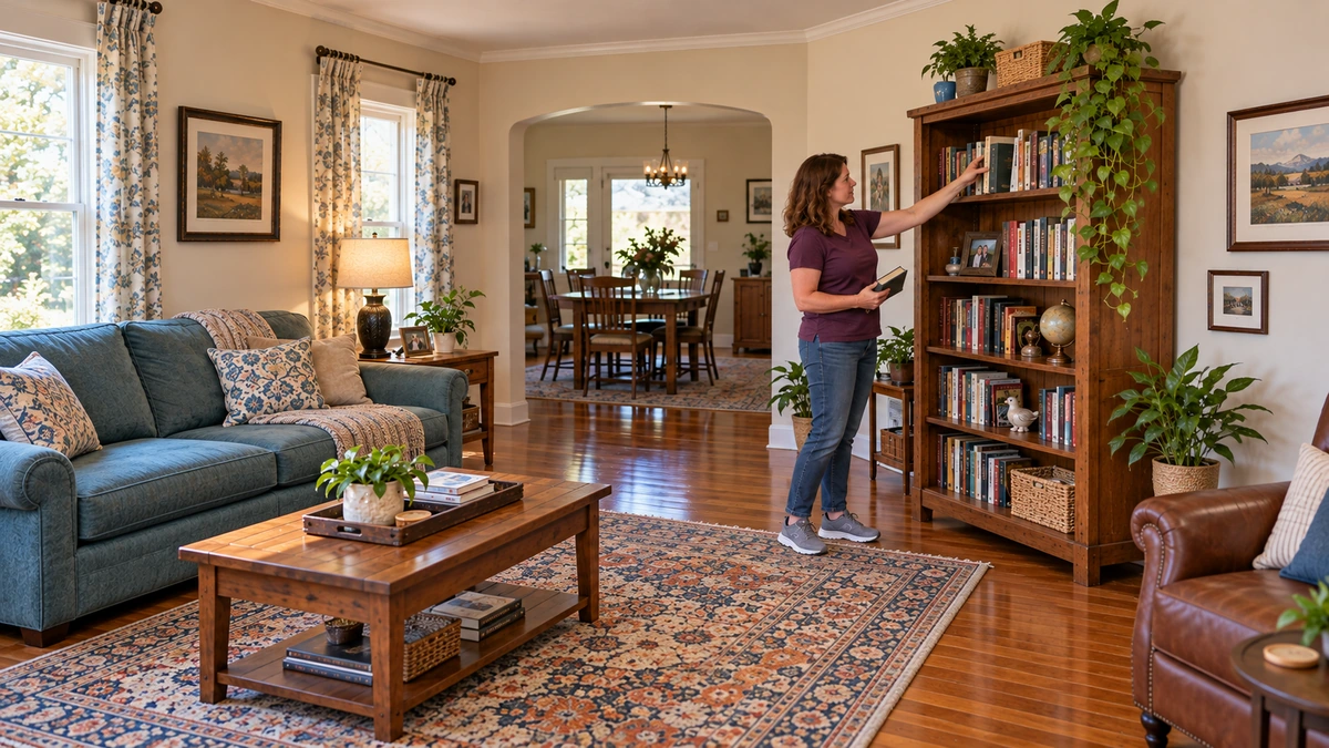 A woman places a book on a wooden shelf in a furnished Oklahoma living room