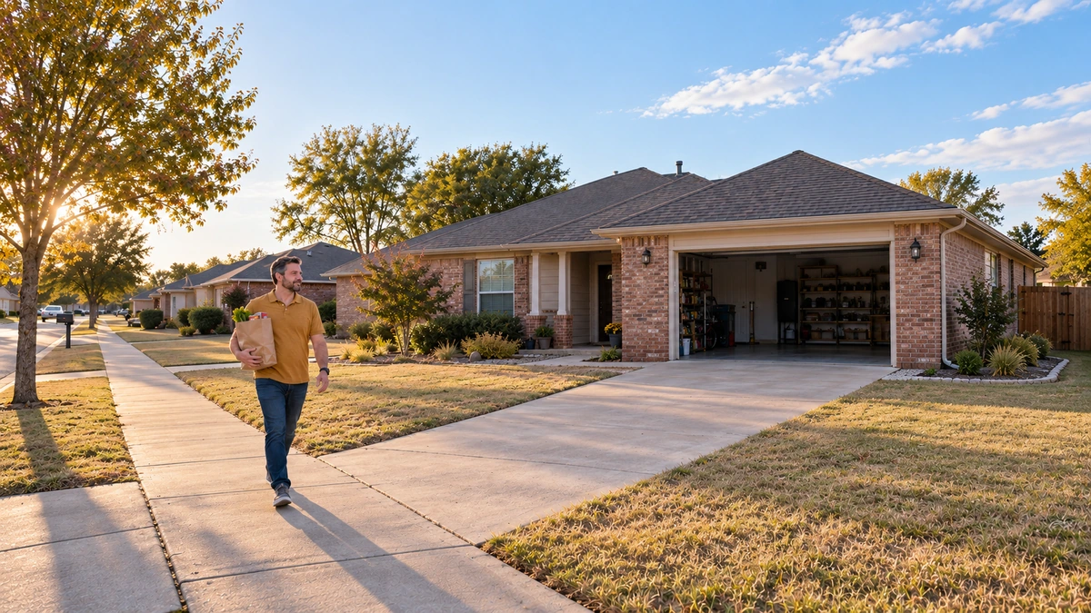 A man carries groceries along a Lawton neighborhood sidewalk