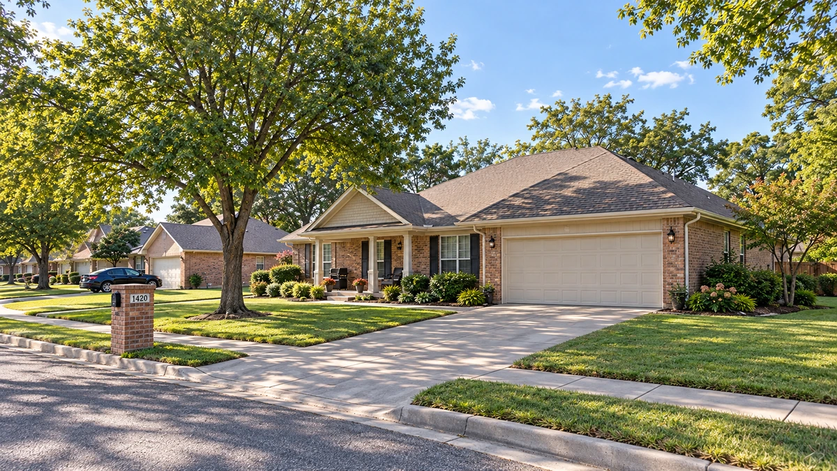 A low brick Moore home with a garage, lawn and connected sidewalk