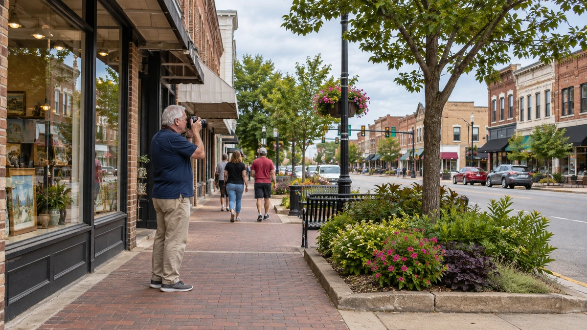 A man photographs a brick downtown streetscape in Muskogee