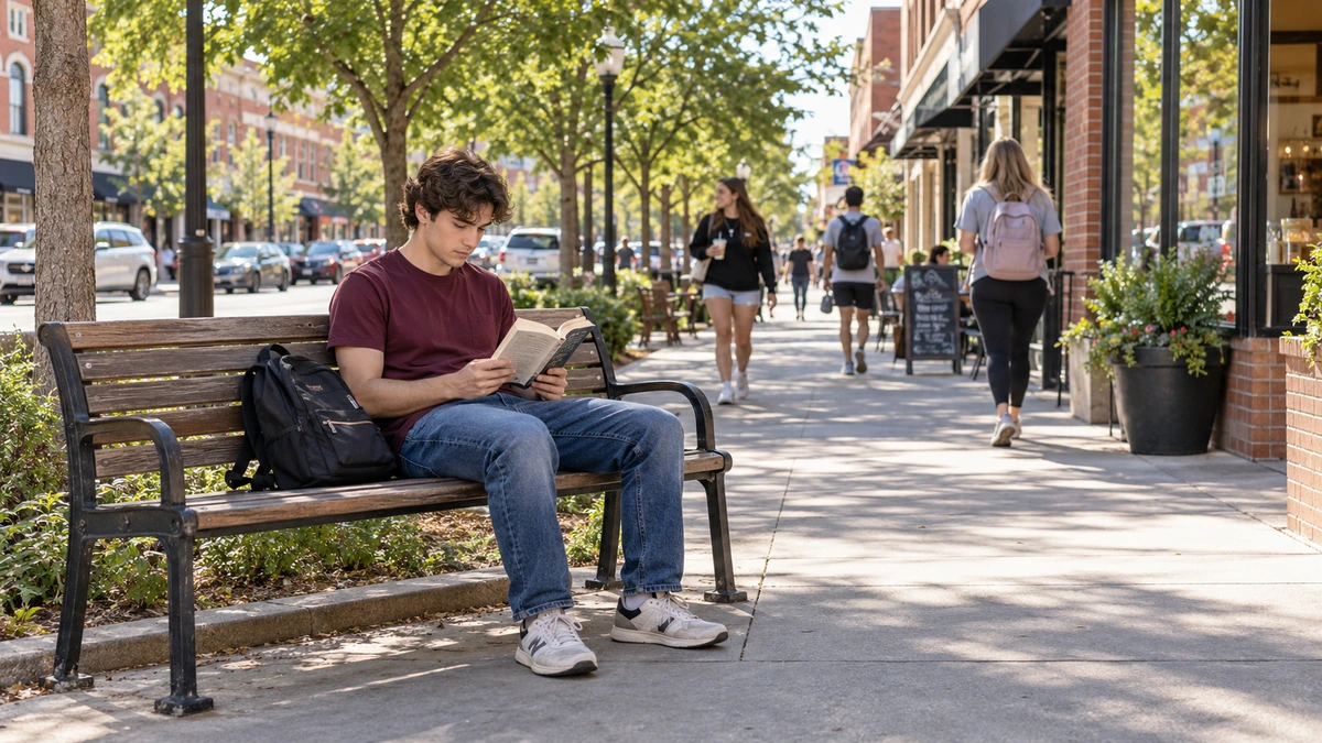 A young man reads a paperback on a bench along a Norman shopping street