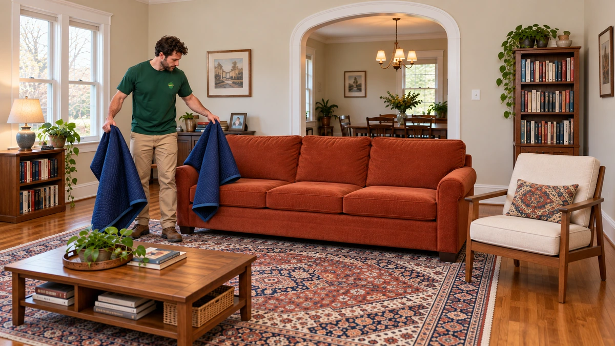 A mover holds two separate blue moving pads beside a rust-colored sofa