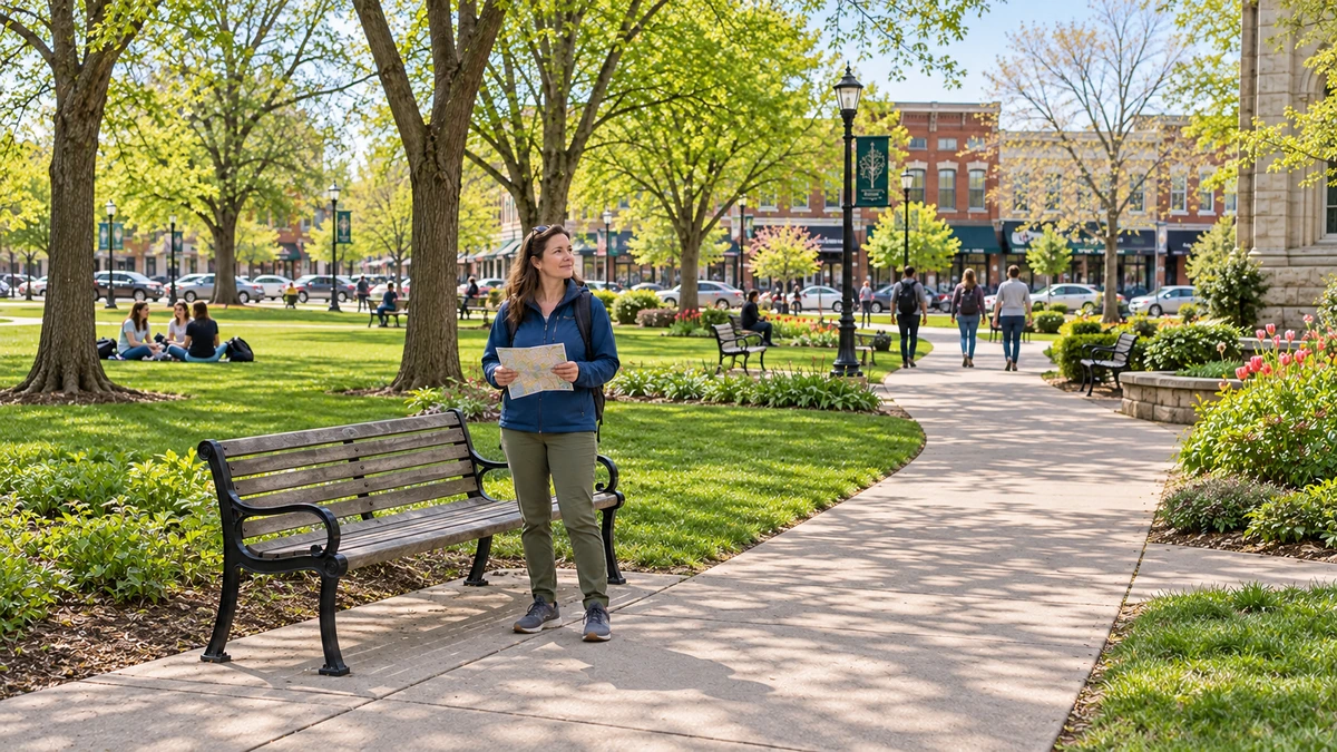 A woman holds a folded map beside a bench in a Stillwater public green