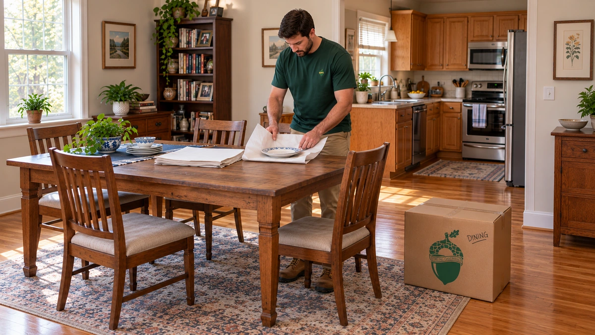 A mover folds white packing paper around a plate beside a labeled moving box