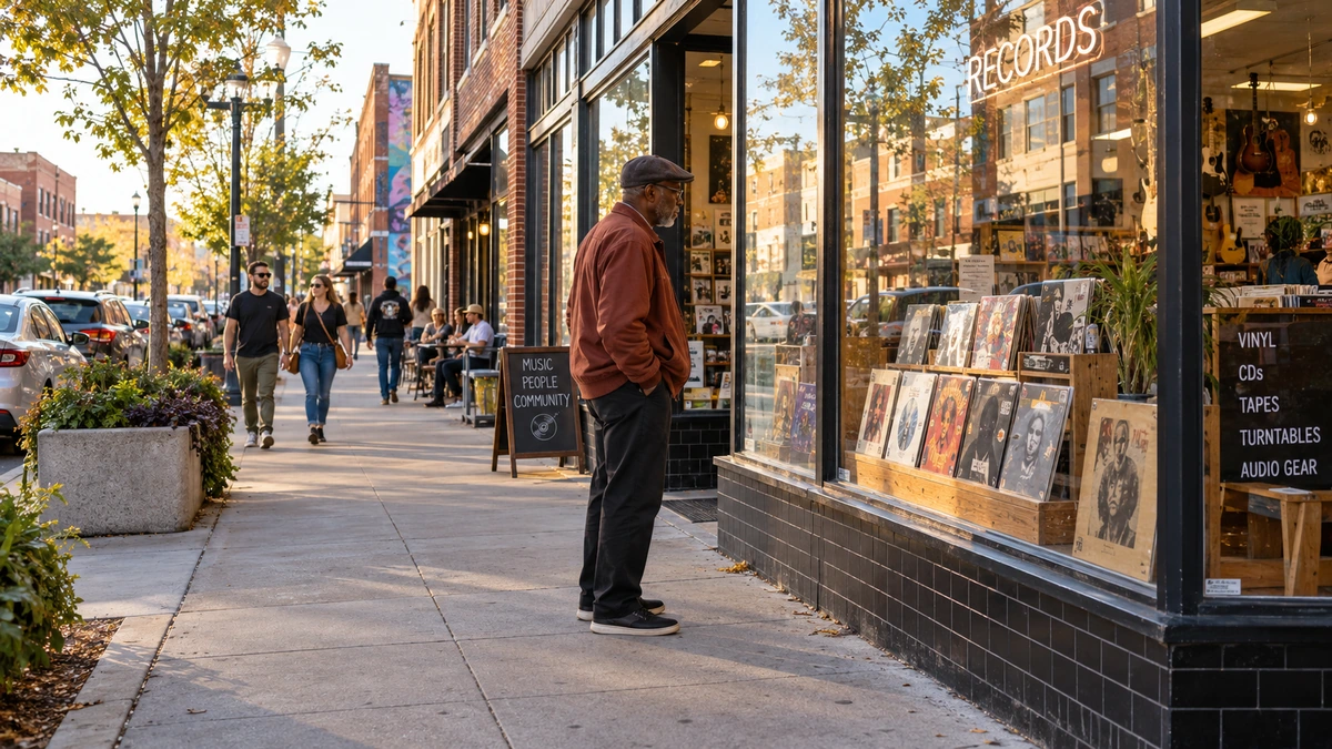 An older man looks at records in a Tulsa shop window