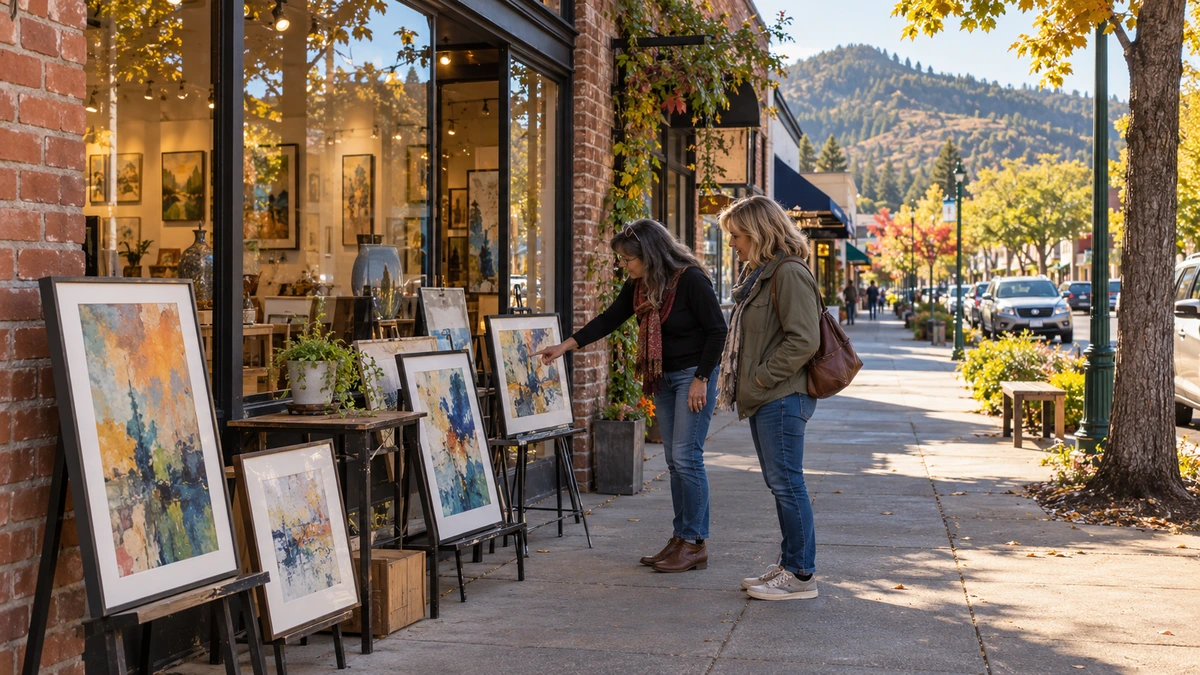 Two women look at framed art outside an Ashland brick storefront