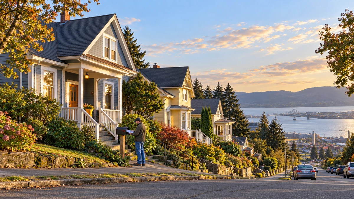 A resident collects mail beside wood houses on a sloping Astoria street overlooking the river