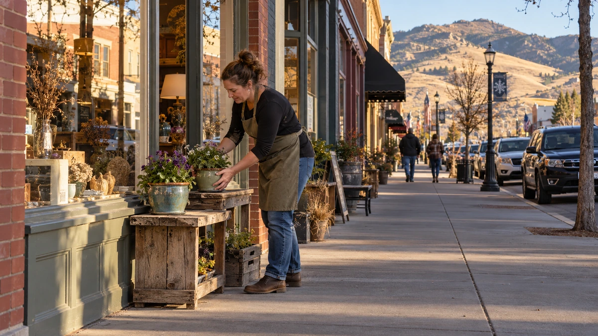 A shopkeeper arranges potted plants outside a Baker City brick storefront
