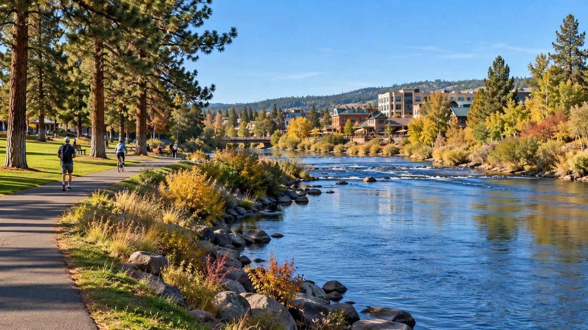 A riverside path passes ponderosa trees and lawn beside the Deschutes in Bend