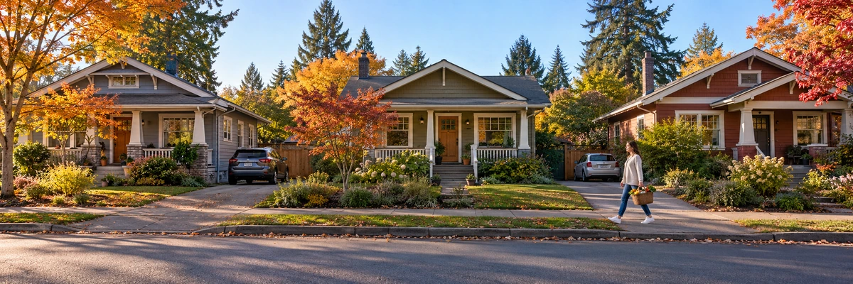 Oregon bungalow street with autumn trees and a neighborhood sidewalk A woman carries a grocery basket along a sidewalk beside Oregon bungalow homes and autumn trees