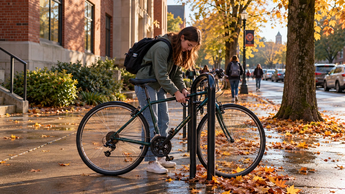 A student secures a bicycle to a rack on a tree-lined Corvallis sidewalk