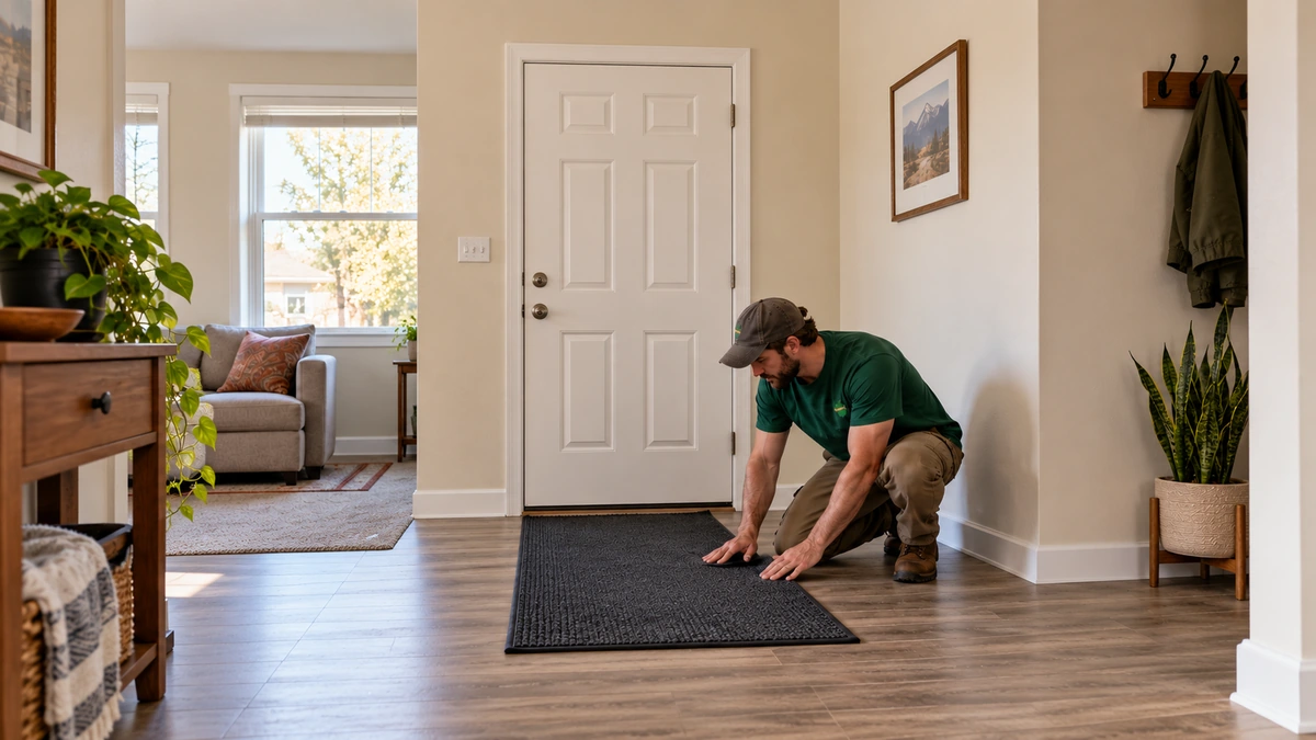 A male mover smooths a short protective runner beside a closed Oregon entry door