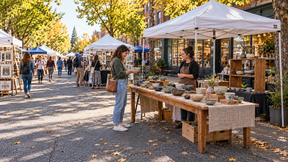 A shopper holds a ceramic bowl at an outdoor Eugene arts-market stall