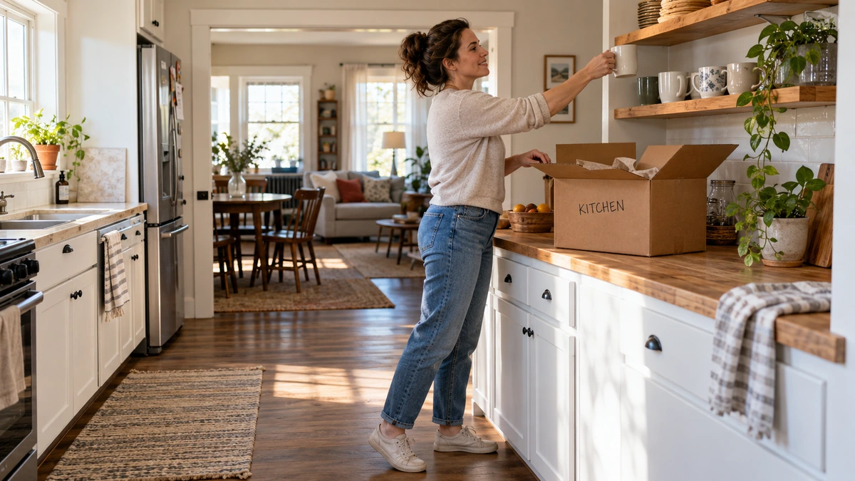 A resident puts a mug on an open kitchen shelf beside a carton marked Kitchen