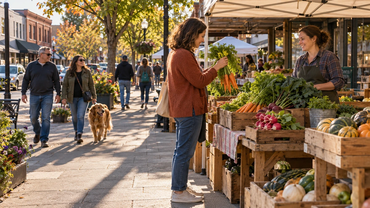 A woman holds carrots at a Hillsboro produce stall beside a busy town-center sidewalk
