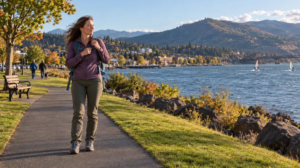 A woman adjusts a backpack strap on a Hood River waterfront path with sails on the river beyond
