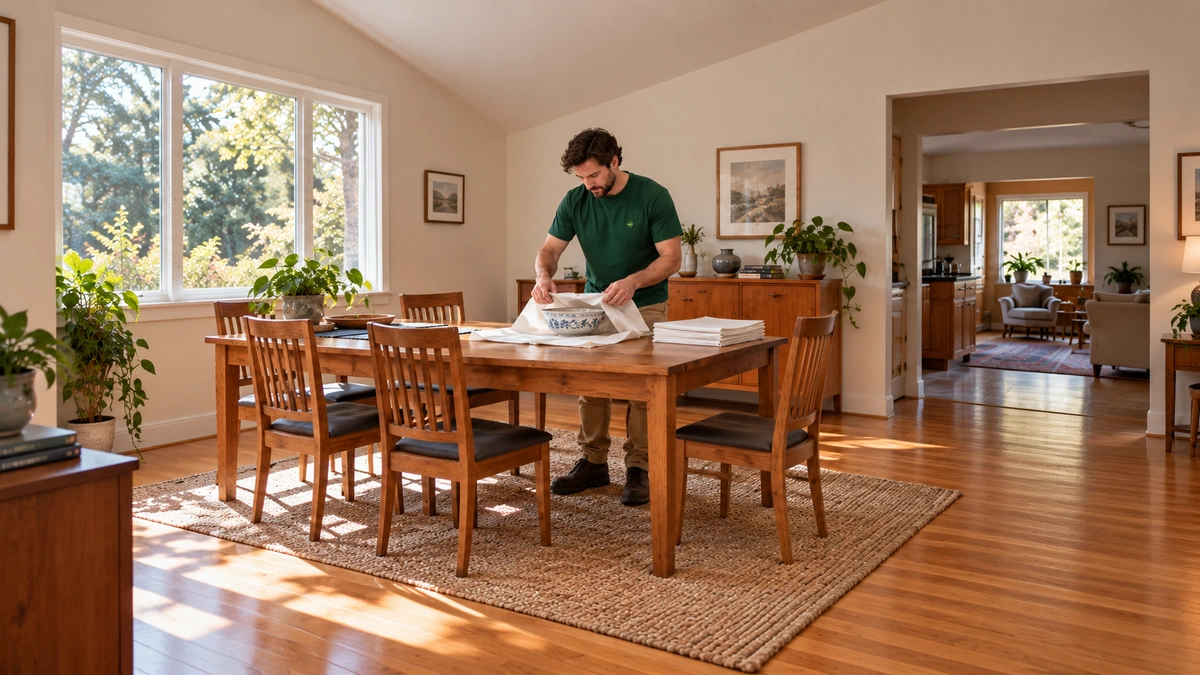 A male mover folds packing paper around a ceramic bowl on an Oregon dining table