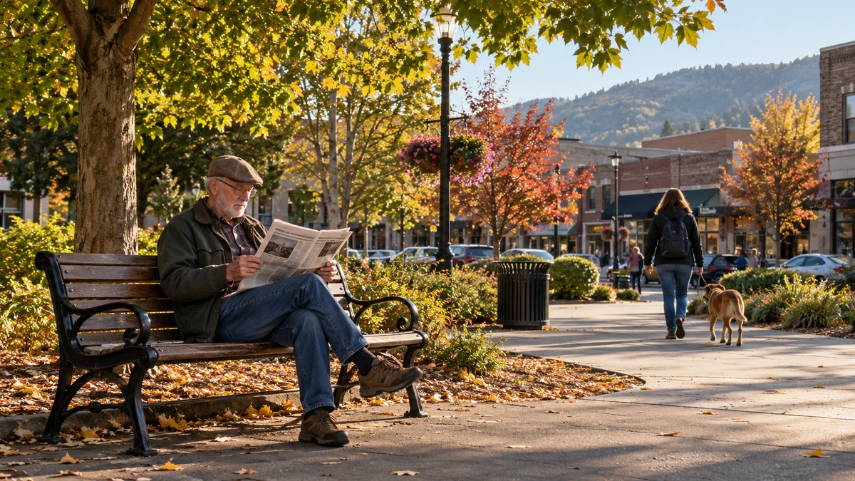 An older man reads a newspaper on a Medford park bench near downtown shops