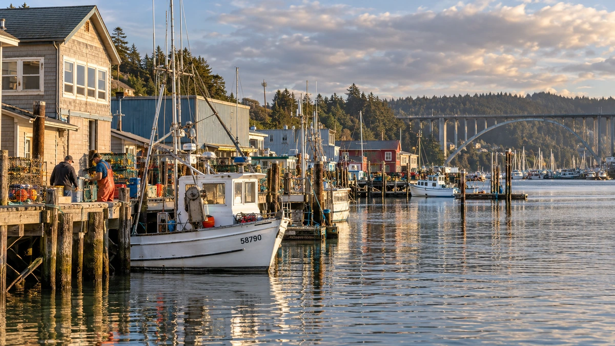 Fishing boats and wooden docks line a Newport bay waterfront beneath a cloudy sky