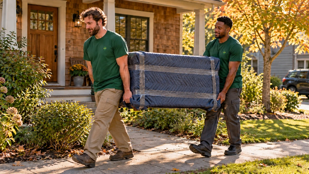 Two male movers carry a blanket-wrapped piece of furniture along an Oregon front path