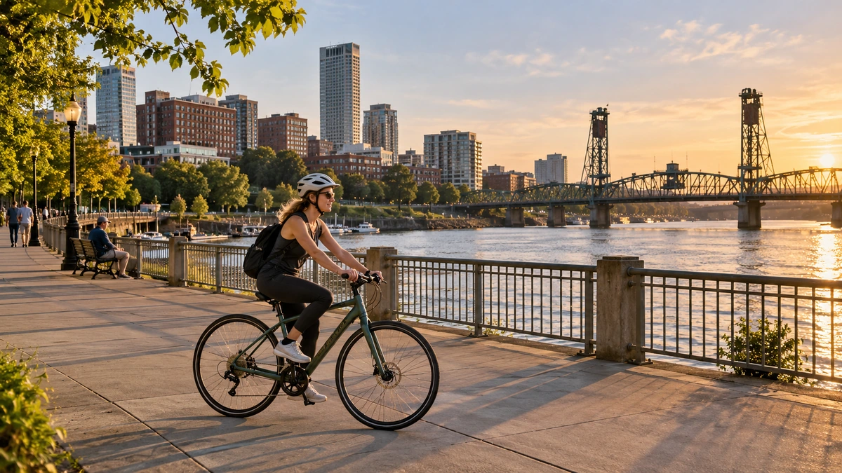 A cyclist rides beside a riverfront railing with Portland city buildings and a steel bridge beyond