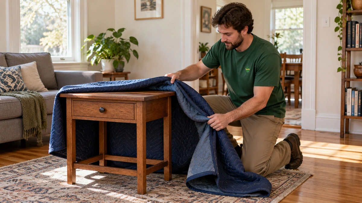A male mover removes a loose moving blanket from an upright wooden side table in an Oregon home