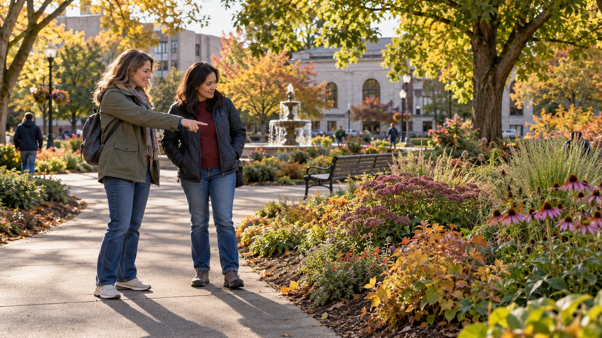 Two women pause beside flowers on a Salem garden path with a fountain and civic buildings beyond