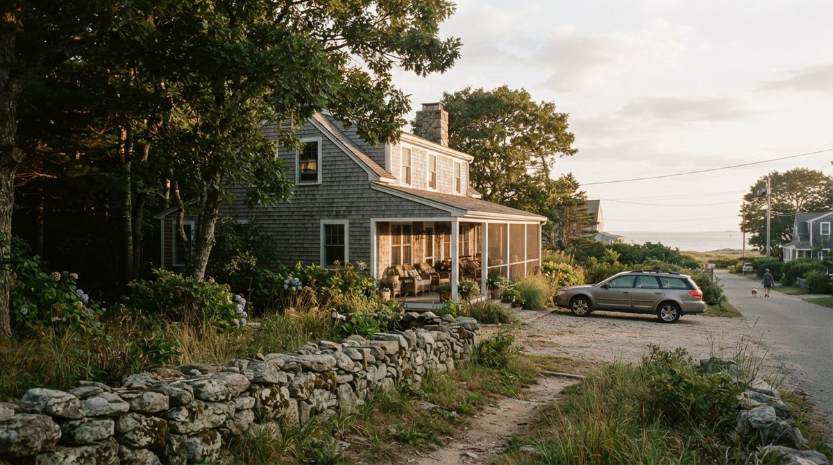 Illustrative Rhode Island coastal home in late-afternoon light Illustrative Rhode Island coastal home in late-afternoon light