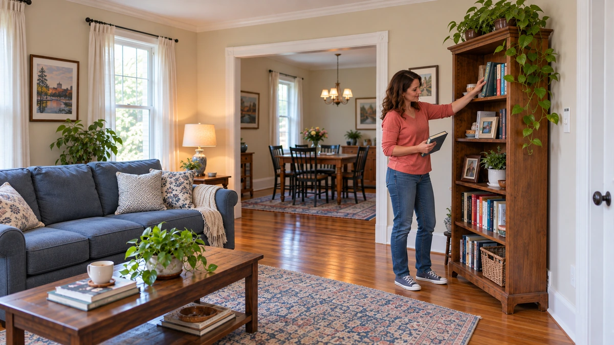 A woman places a book on a wooden shelf in a furnished living room