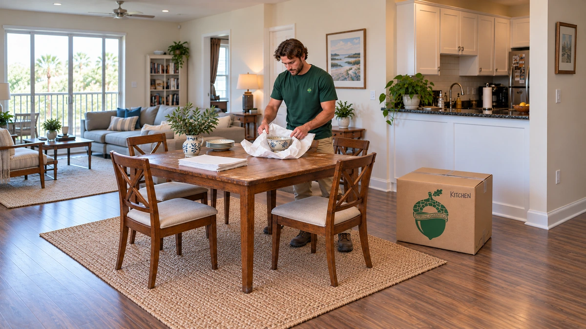 A mover folds packing paper around a ceramic bowl on a dining table beside a marked company box