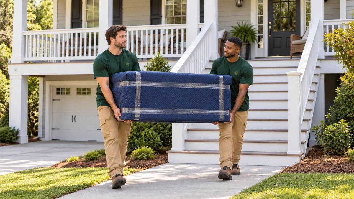 Two movers carry a fully blanket-protected cabinet on a level walk beside a raised home