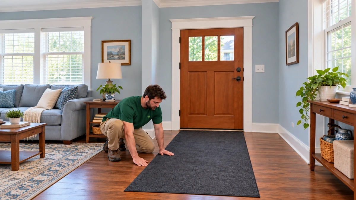 A mover smooths a finite protective runner inside a furnished bungalow entrance
