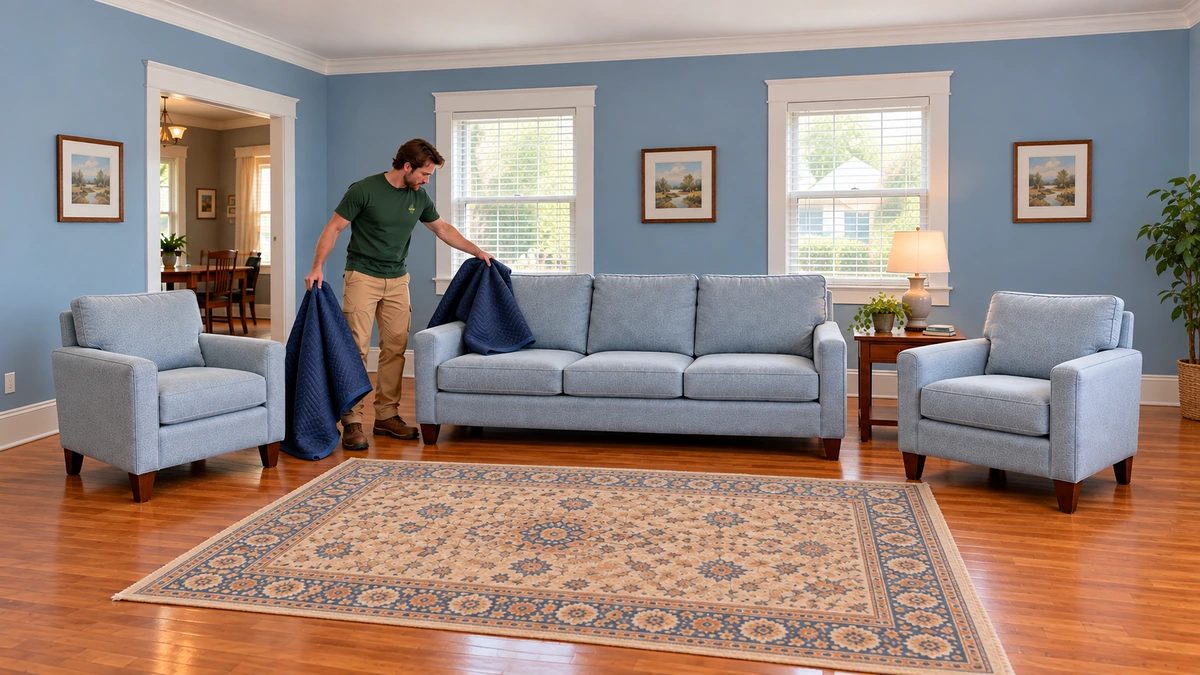 A mover removes two separate moving pads from a three-seat sofa beside two matching armchairs