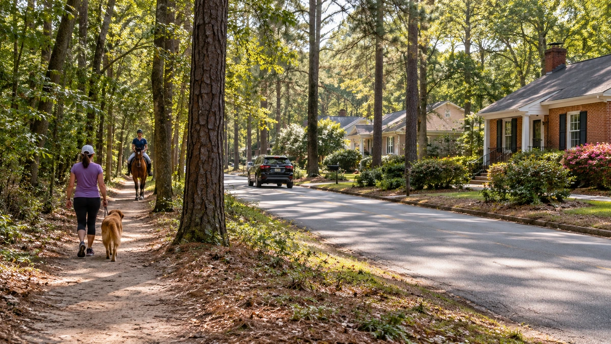 A wooded sandy path runs beside a residential street with modest brick homes