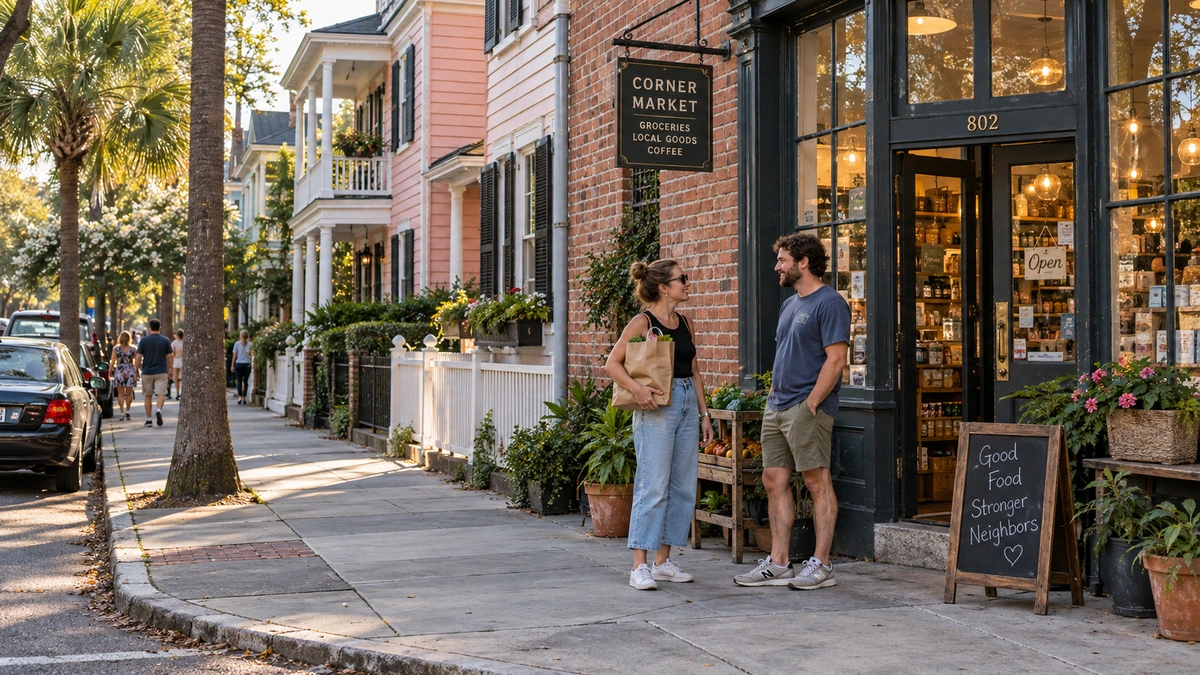 Two people talk outside a corner market beside Charleston-style homes and porches