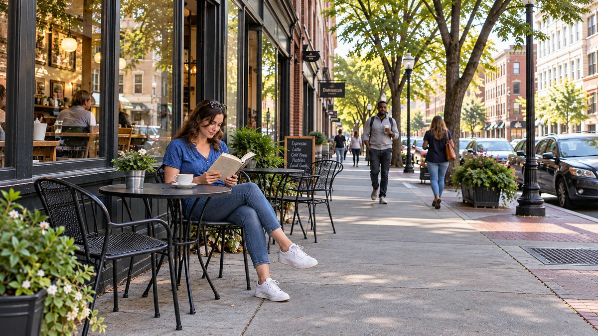 A woman reads a book at a sidewalk cafe on a tree-lined downtown street