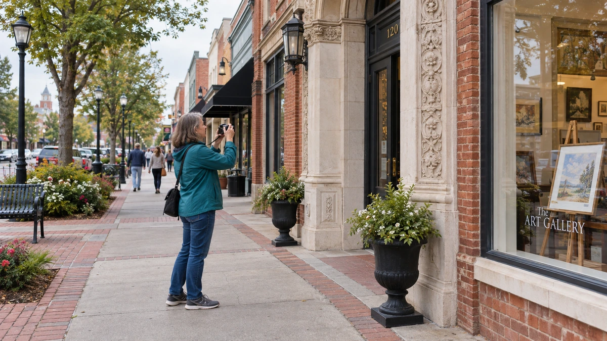 A woman photographs an architectural detail beside brick downtown buildings and a gallery