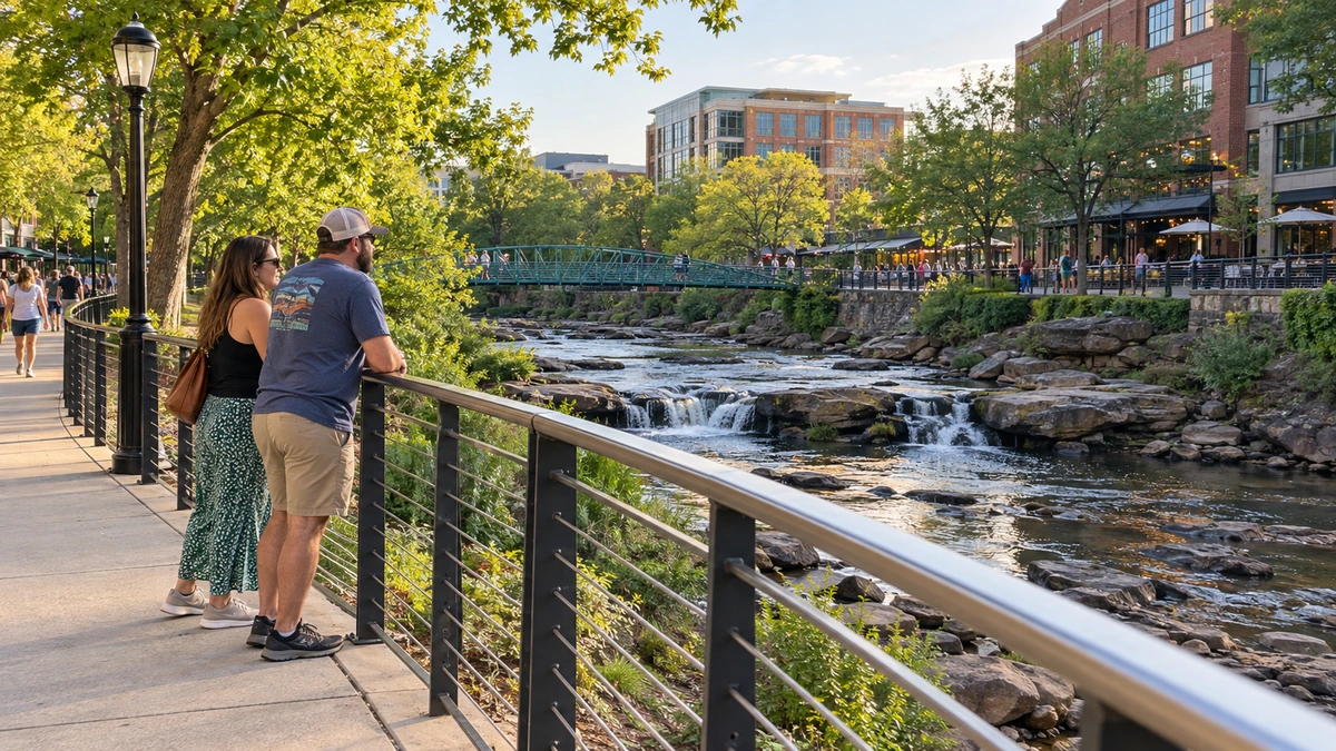A couple look across a shallow river from a tree-lined downtown walkway