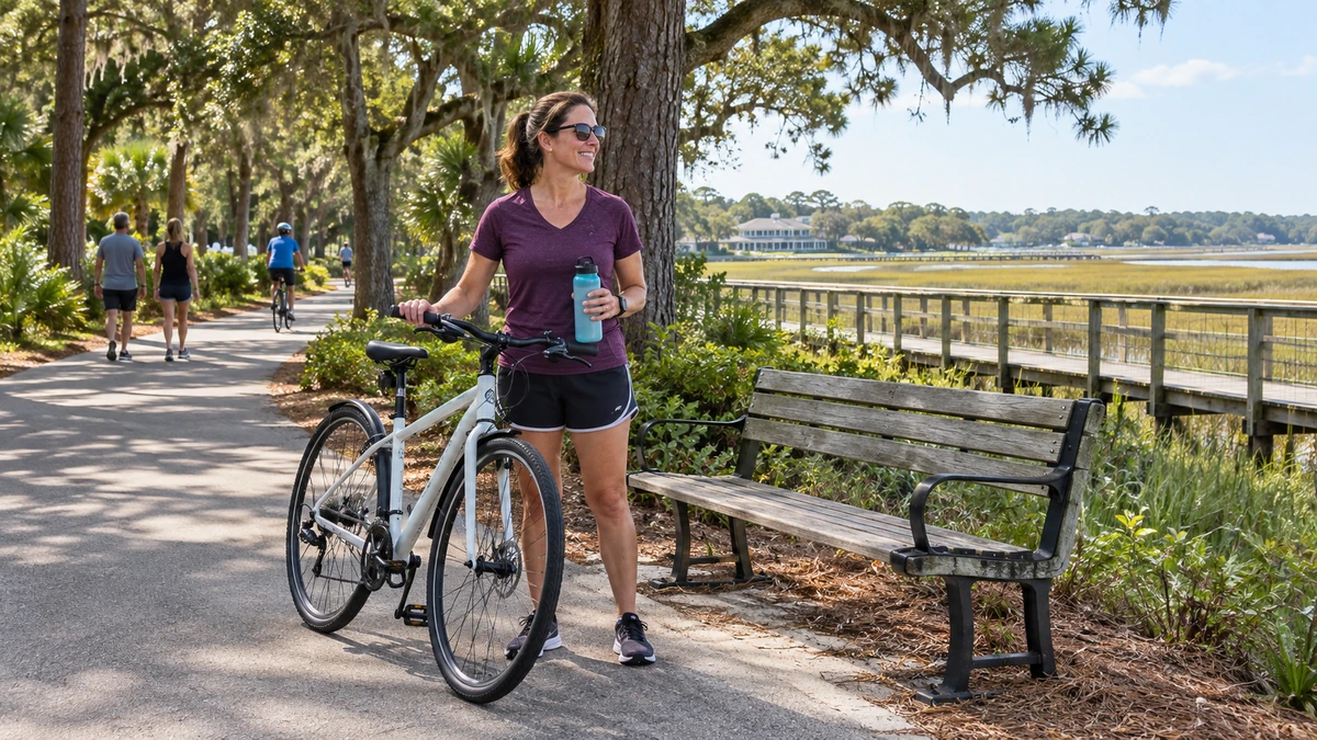 A woman steadies a bicycle beside a bench, wooded pathway and coastal marsh