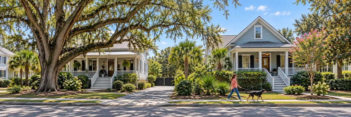 A woman walks a black-and-tan dog past South Carolina homes with porches and live oaks