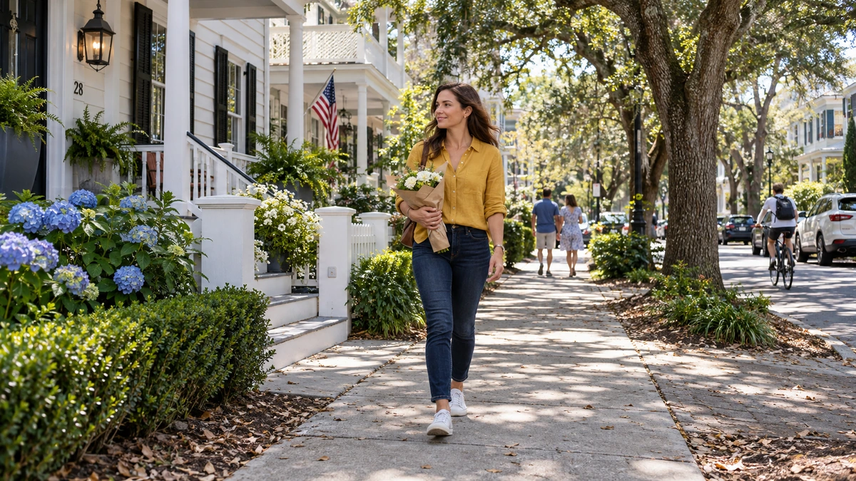 A woman carries flowers past porches and live oaks on a residential sidewalk
