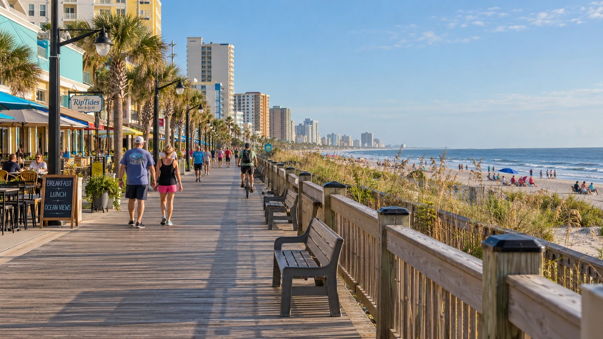 A coastal city promenade runs between shops, dune planting and the Atlantic beach