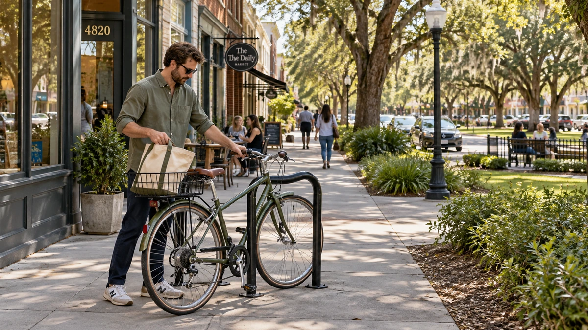 A man places a canvas bag in a bicycle basket beside shops and a planted public space