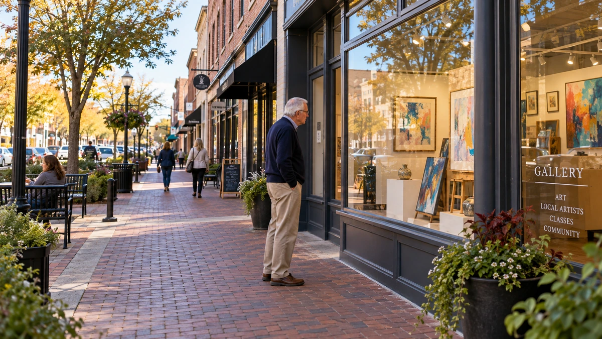 An older man looks at paintings through a gallery window on a brick-paved downtown sidewalk
