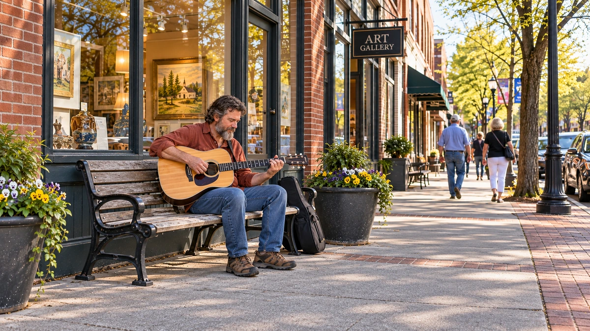 A man plays an acoustic guitar on a complete wooden bench beside downtown gallery windows
