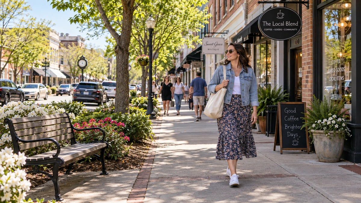 A woman with a canvas bag walks past town-center shops, flowers and a public bench