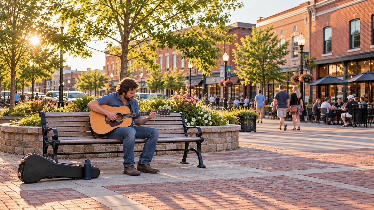 A man plays an acoustic guitar on a bench in a Bristol public plaza illustration