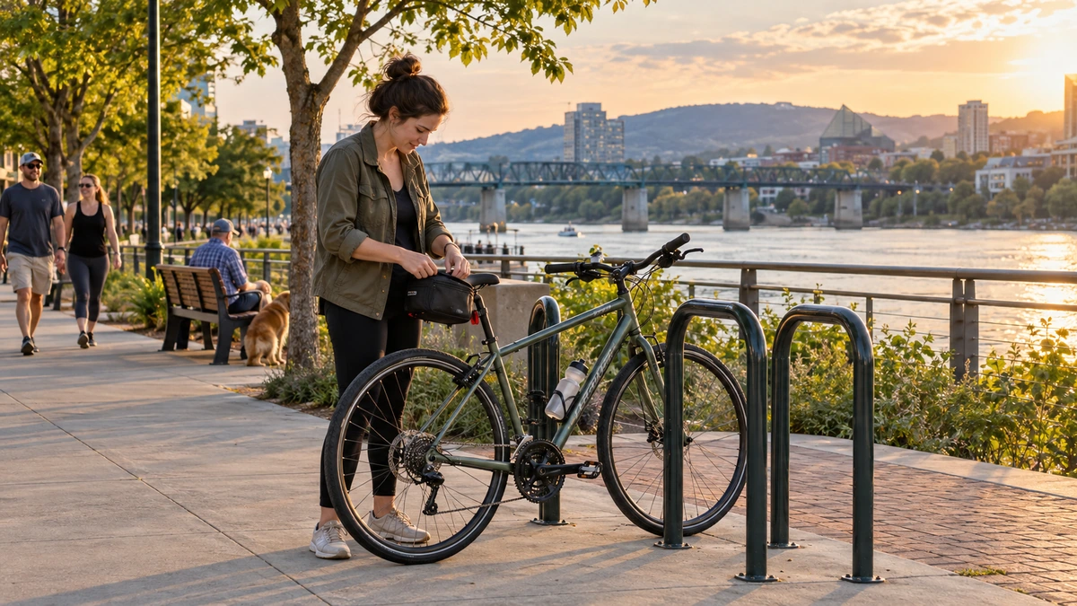 A woman adjusts a bicycle saddlebag beside a Chattanooga riverfront rack